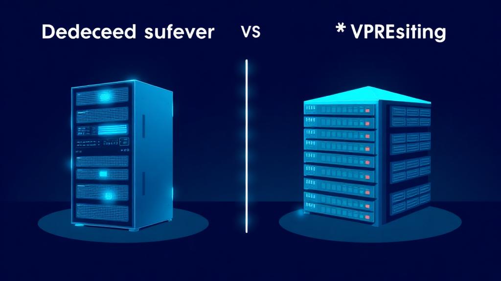 Dedicated server vs VPS hosting comparison showing a physical server rack alongside a virtualized server environment with isolated containers