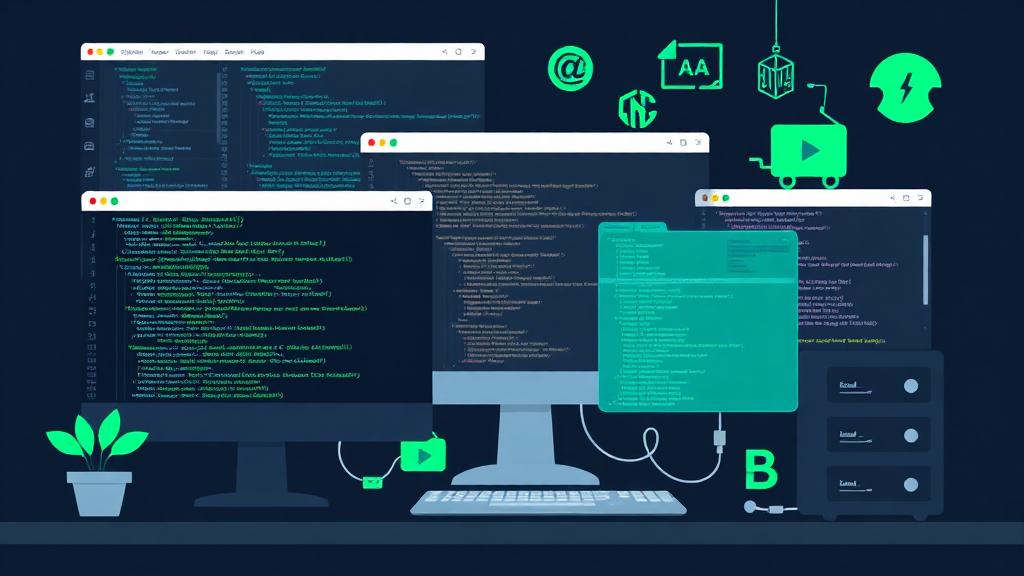 Developer hosting platforms showing terminal windows with SSH connections, Git commands, CLI tools, and deployment pipelines on a dark workspace