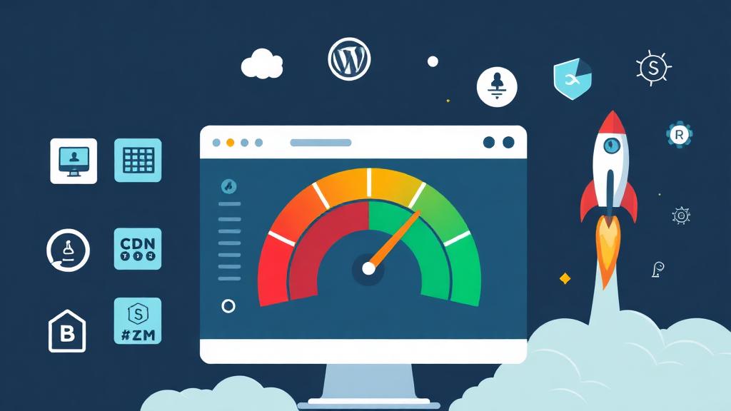 WordPress speed optimization dashboard showing a speedometer gauge with caching, CDN, and image compression icons for website performance improvement