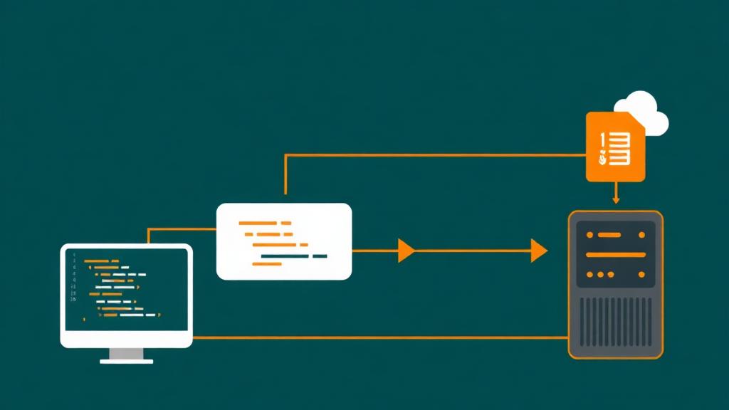Git deployment workflow showing code flowing from local computer through git repository to production server with CI/CD pipeline