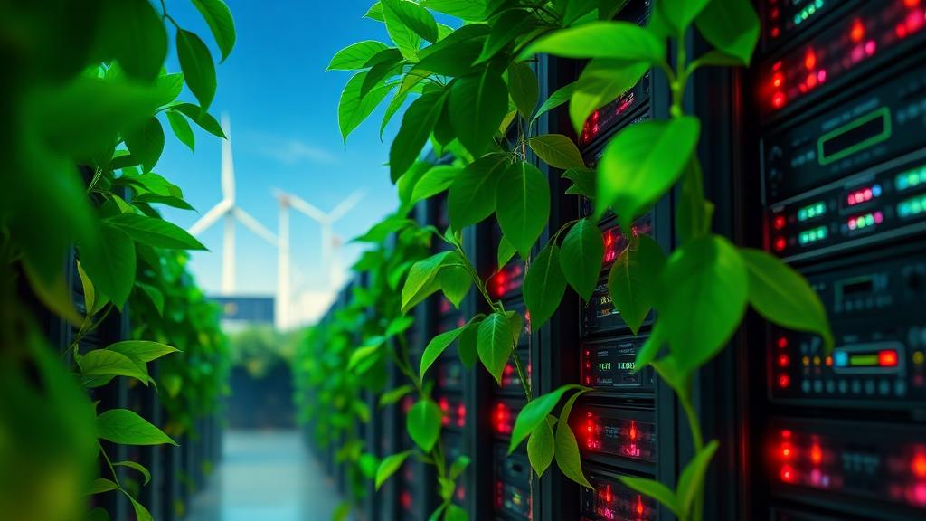 Green web hosting server room with renewable energy wind turbines and lush vegetation