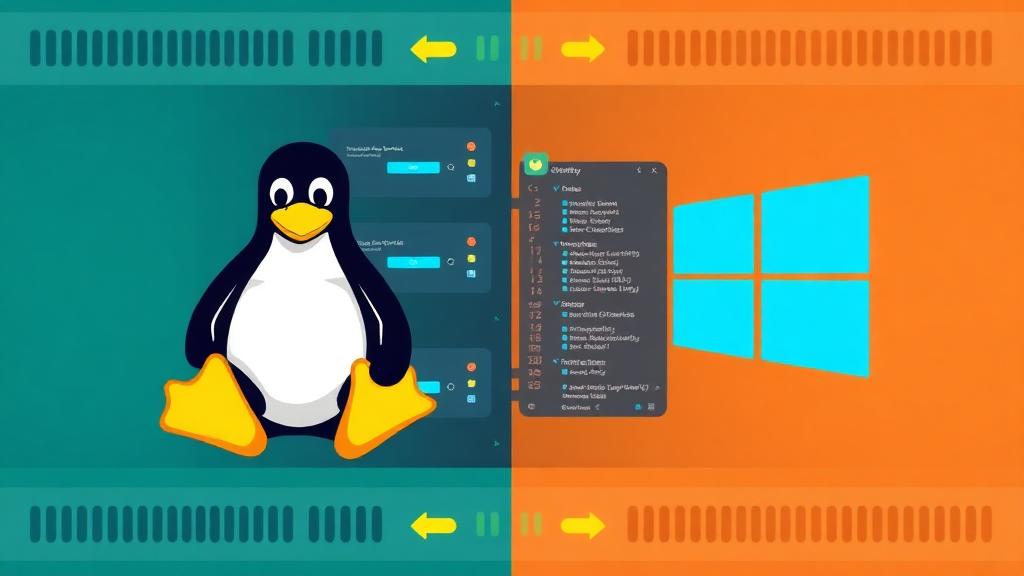 Linux penguin and Windows logo flanking a server rack, representing the choice between Linux and Windows web hosting