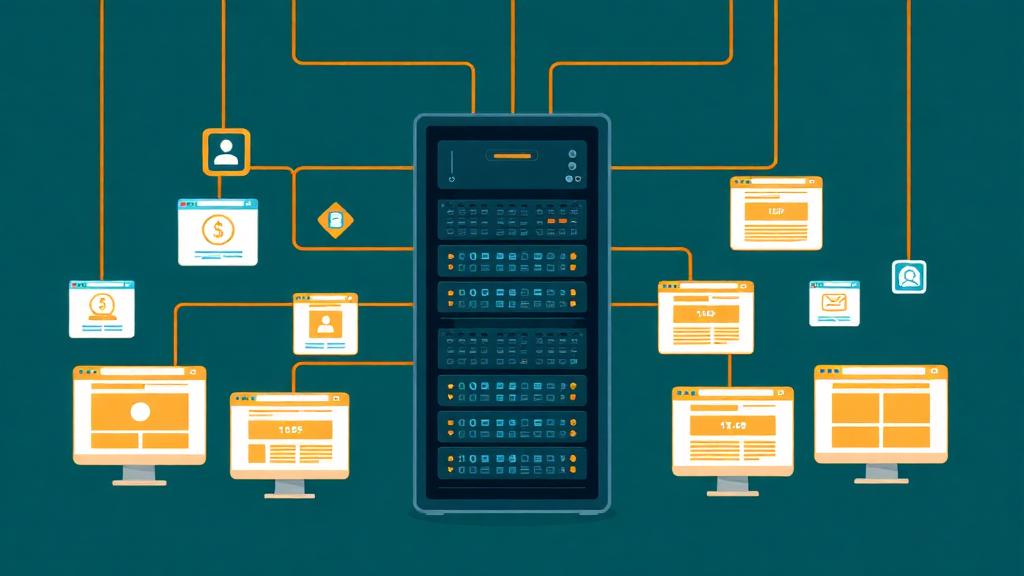 Multiple websites hosted on one server showing a single server connected to multiple website browser windows with cost savings