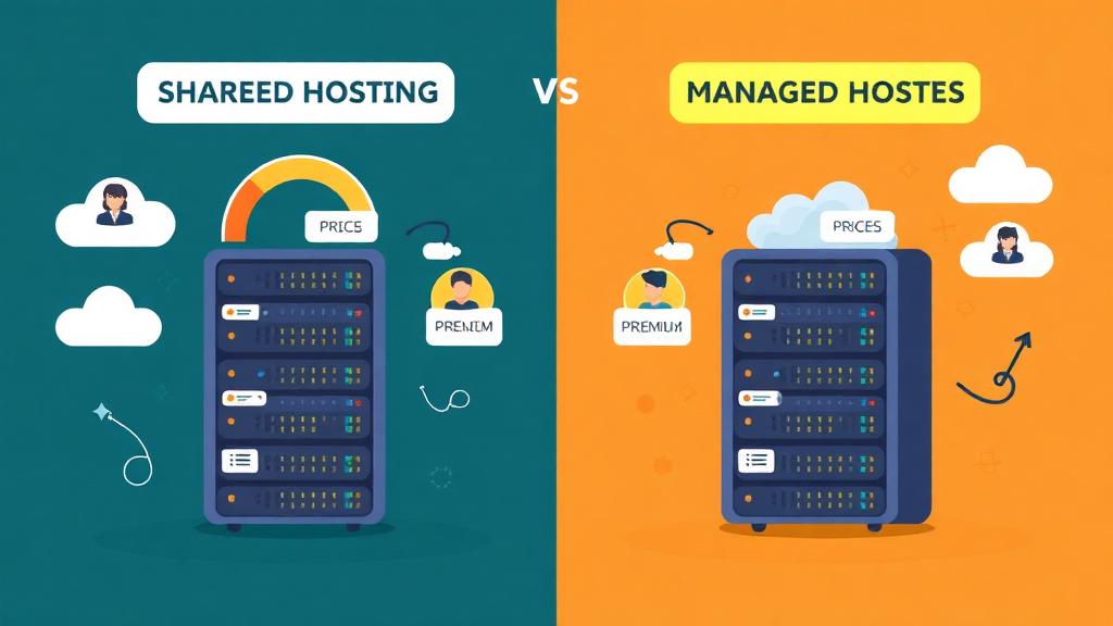 Shared hosting vs managed hosting comparison showing two server setups side by side with price tags and performance meters