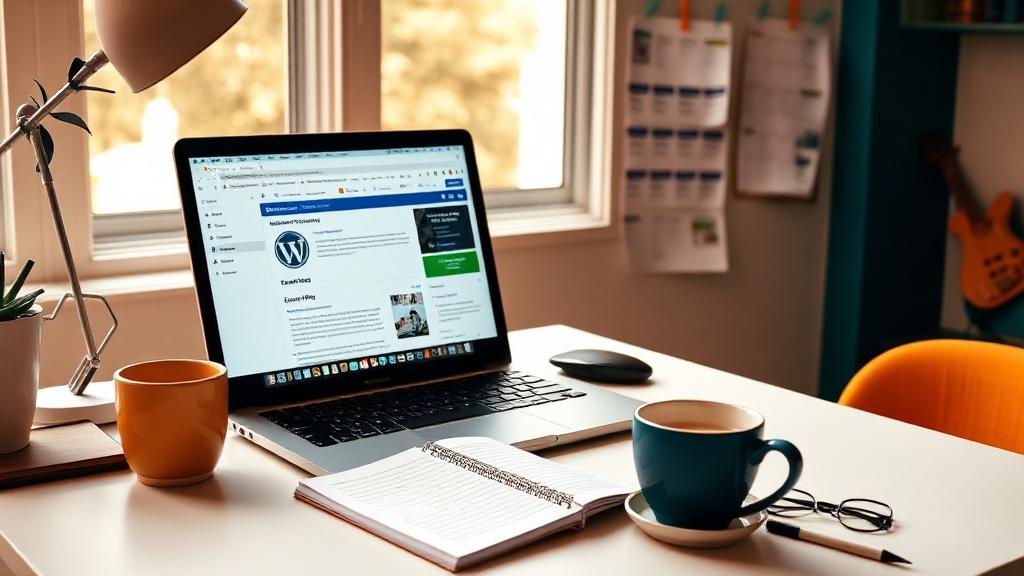 How to start a blog in 2026 showing a laptop with WordPress editor, content planning notebook, and blogging workspace