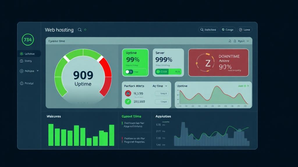 Web hosting uptime monitoring dashboard showing 99.9% vs 99.99% availability statistics with server status indicators and downtime alerts