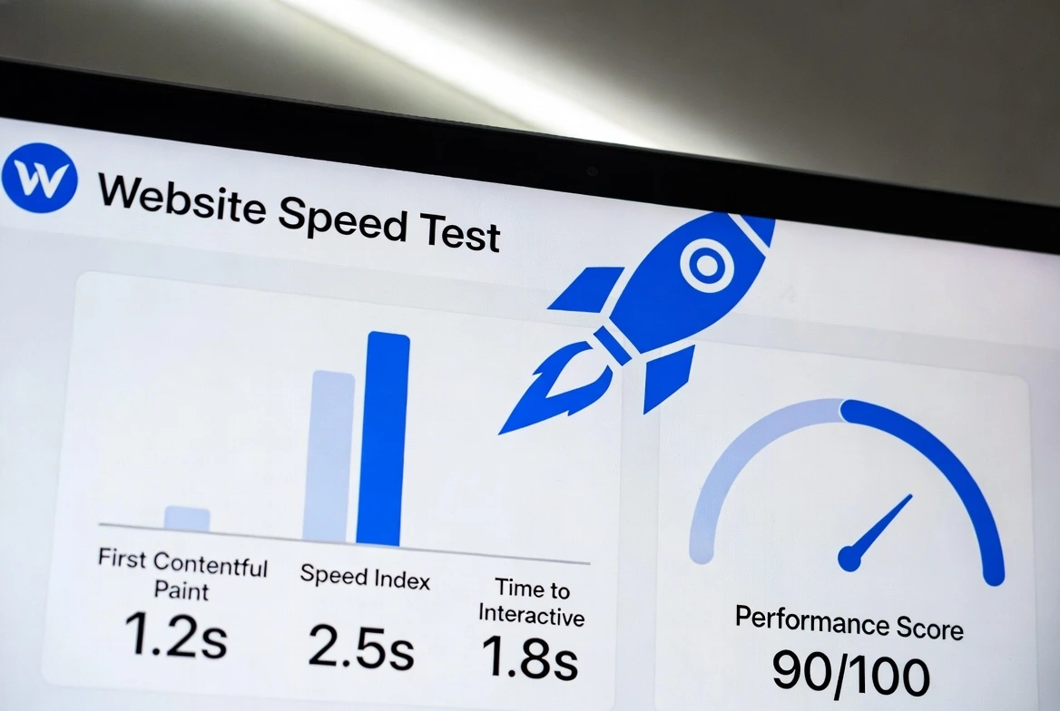 Website speed optimization dashboard showing page load times, Core Web Vitals scores, and performance improvement techniques